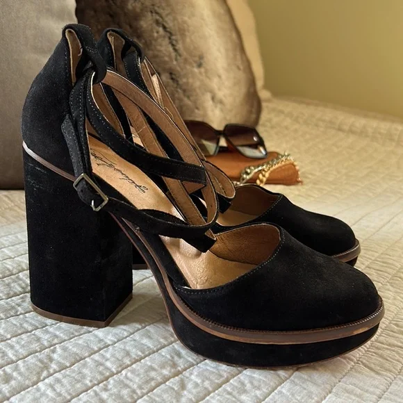 Free people Remi suede black leather platform Mary jane chunky block heels 40 - Picture 9 of 16
